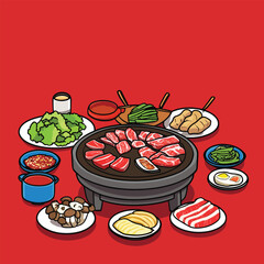 Vibrant Red Tabletop Korean BBQ Feast