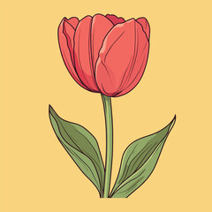Vibrant Red Tulip with Detailed Outlines and Green Leaves on Yellow Background