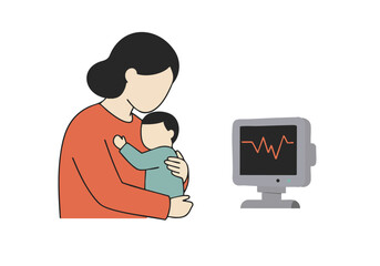A mother lovingly monitors her baby's health with a heart rate monitor displayed on a screen. Warm, caring scene. Suitable for healthcare and family themes.