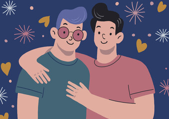 Illustration. Happy Gay Couple Embracing Each Other