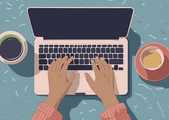 Illustration. Person typing on a laptop with coffee cups on the desk