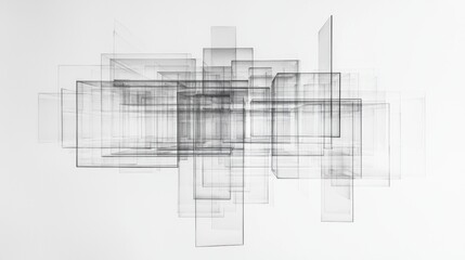 Abstract composition of transparent geometric shapes creating a dynamic visual effect on a light background