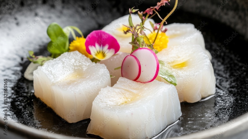 Poster close-up shot of delicate slices of sashimi artfully presented on a black plate, with thinly sliced 