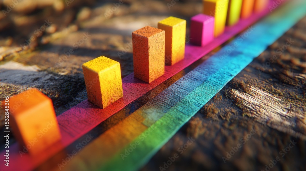Poster Close-up view of a colorful D bar chart with varying heights and widths, casting shadows on a textured surface, providing depth to the data presentation.