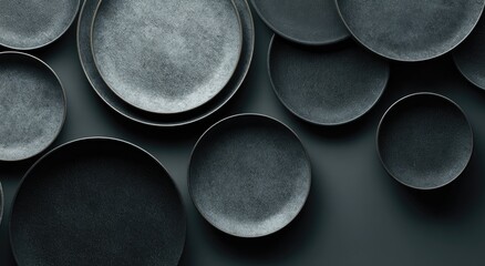 A flatlay of various sized dark grey matte ceramic plates and bowls, overlapping on a dark grey background