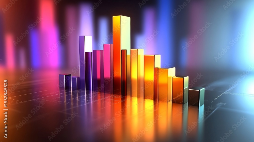 Aufkleber Colorful D bar chart with varying heights on a sleek surface, illuminated by soft lighting, creating a modern and professional visual for data representation.