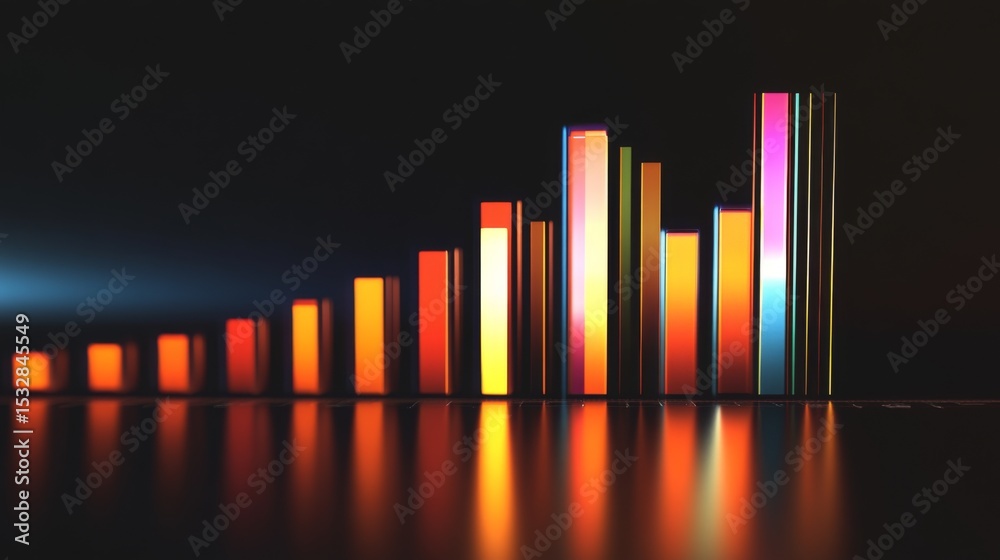 Aufkleber Colorful D bar graph with glowing edges and subtle reflections, floating on a dark background, highlighting an advanced data visualization theme