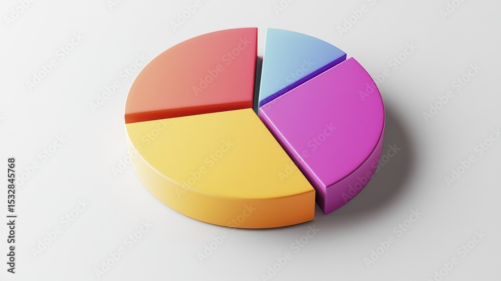 Poster Colorful pie chart on a plain white background, segmented in bold colors with a shadow effect for a clean and visually appealing presentation