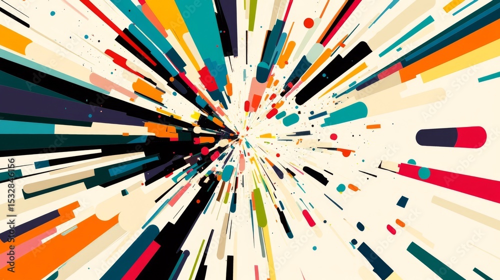 Poster Colorful splashes of lines radiating outward in a dynamic pattern, evoking energy and movement against a neutral background.