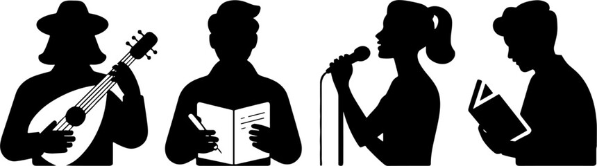 Silhouette People Playing Music Writing Singing Reading Book