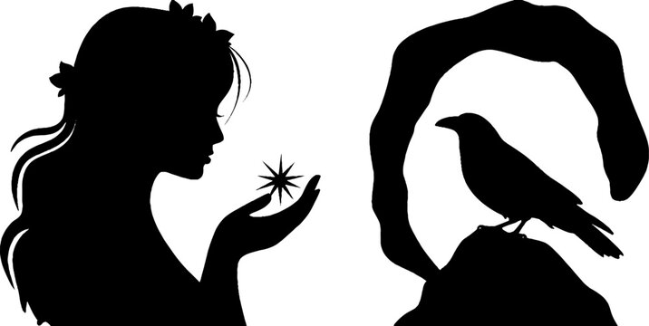Mystical sorceress with raven and arcane rune silhouette for fantasy design