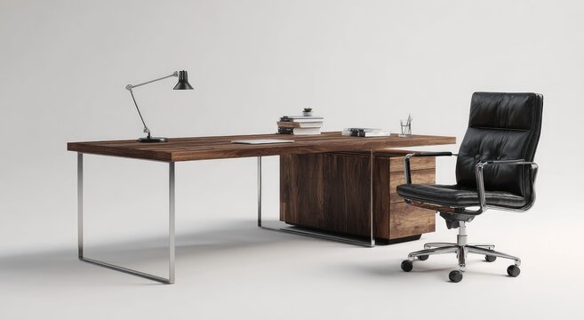 Modern minimalist office setup featuring a large, dark wood desk with sleek metal legs, a black leather executive chair, and a desk lamp