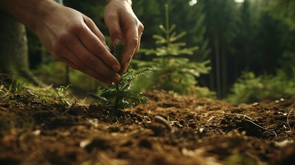 Fototapeta premium Hand planting a young tree sapling in forest soil, symbolizing reforestation efforts.