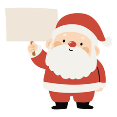 Cute Santa Claus in childish simple style holds a sign, a place for your text. Flat vector illustration on white background. Vector illustration