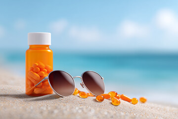 A bottle of vibrant yellow pills alongside sunglasses, evoking a sense of health, relaxation and well-being.