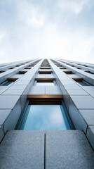 Fototapeta premium An architectural marvel of a modern building. Its sleek facade of concrete panels creates an appealing perspective against the backdrop of a cloudy sky.