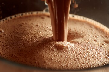 Chocolate milk being poured into glass with splash and bubbles