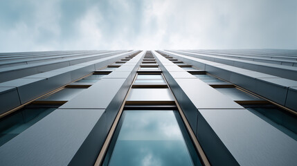 A soaring perspective of a modern skyscraper ascends towards the overcast sky, its sleek facade and geometric design showcasing architectural brilliance.