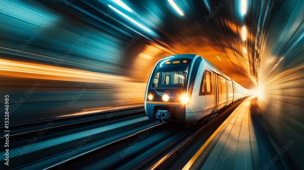 Poster electric train exiting a tunnel, sunlight reflecting on its sleek metallic surface as it speeds into