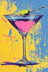Pop art illustration of a martini glass with a green olive on a stick and pink cocktail against a vibrant splatter background