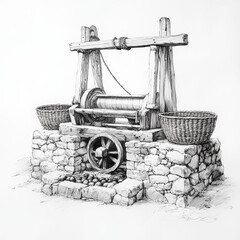 Sketch of a traditional stone olive press with wooden mechanism and wicker baskets on each side, evoking rustic Mediterranean heritage