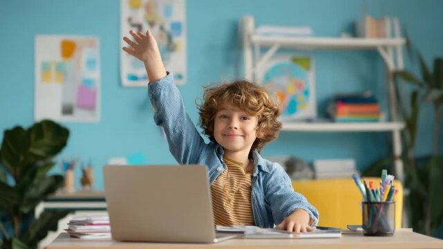 Excited Boy Raising Hand in Online Class