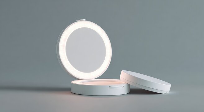 A white, illuminated compact mirror and its case rest on a neutral gray background; the mirror is open, revealing a circular interior