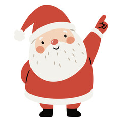 Cute Santa Claus in a childishly simple style pointing somewhere. Flat vector illustration on white background. Vector illustration