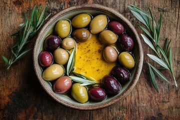 Bowl of assorted colorful olives in golden olive oil with rosemary sprigs on rustic wooden table