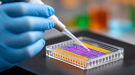 Lab Assistant Pipetting Colorful Samples into Transparent Test Plate in Modern Laboratory Environment