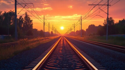Electric train tracks stretching into a vibrant sunrise, rails glistening in the morning light, representing the journey and progress of clean transport