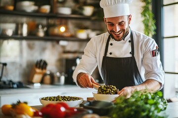Smiling chef in professional kitchen preparing olive tapas with fresh green and black olives in ceramic bowls