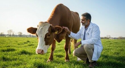Veterinarian gently examines a reddish-brown cow in a lush green pasture under a clear sky