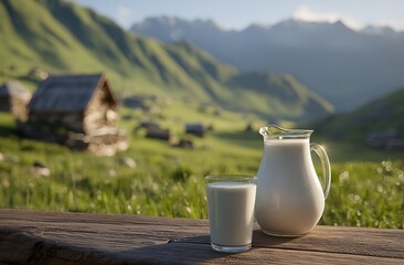 Countryside view with milk jug and glass on rustic table