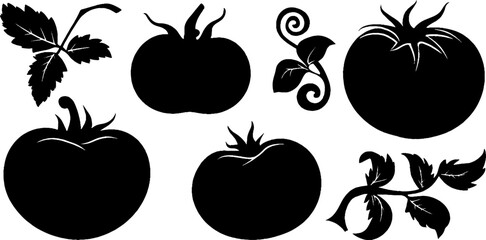 Tomato silhouette set with leaf crown and vine elements for design