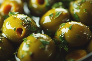 Glossy green olives marinated with chopped herbs and olive oil in an extreme close-up showcasing texture and shine