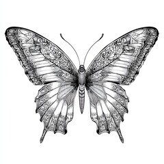 Detailed butterfly with decorative patterned wings in realistic style and fine engraving sketch drawing