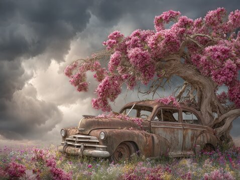 Fototapeta Rusty Vintage Car Entwined with Blooming Magnolia Under Stormy Sky