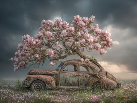 Fototapeta Rusty Vintage Car Entwined with Blooming Magnolia Under Stormy Sky