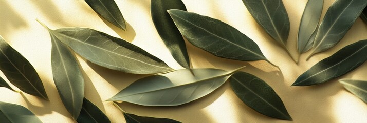Overlapping olive leaves casting soft shadows on a sunlit surface with fine texture and natural green tones