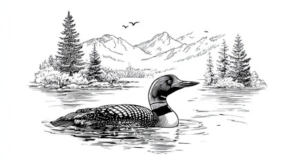 Mountain lake with swimming duck and pine trees in detailed engraving sketch of peaceful wild landscape