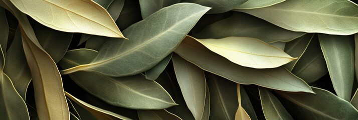 Close-up of overlapping olive leaves in soft golden light emphasizing natural texture and botanical elegance