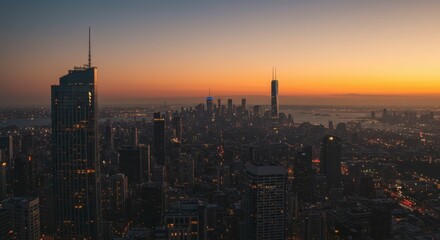 A hazy sunset casts a warm glow over a sprawling cityscape, with skyscrapers silhouetted against the fiery sky