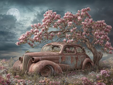 Fototapeta Rusty Vintage Car Entwined with Blooming Magnolia Under Stormy Sky