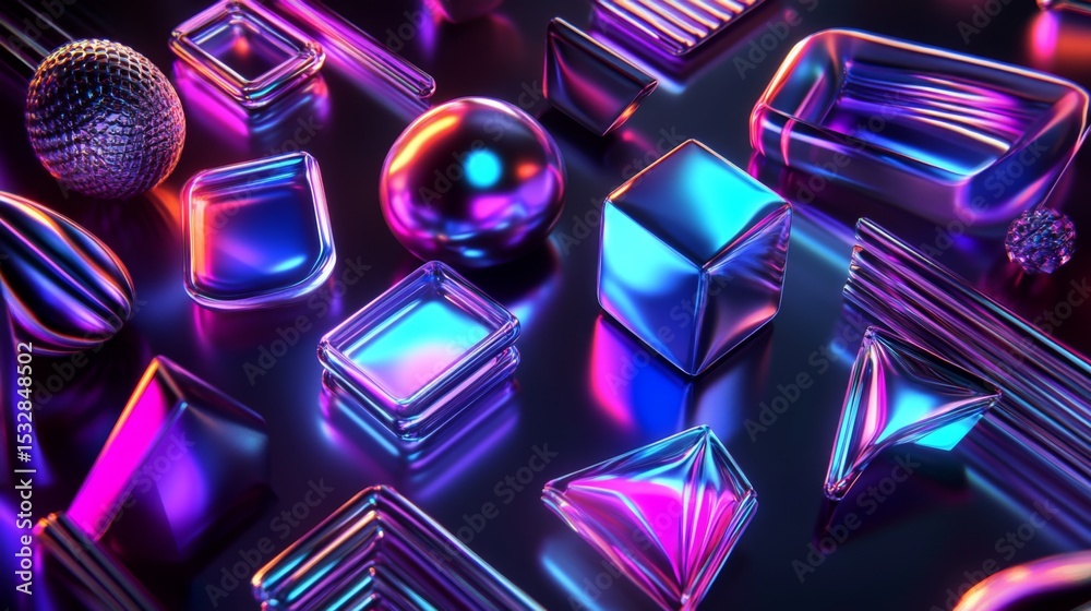 Poster futuristic d geometric shapes in neon colors over a dark gradient background, with reflective surfac