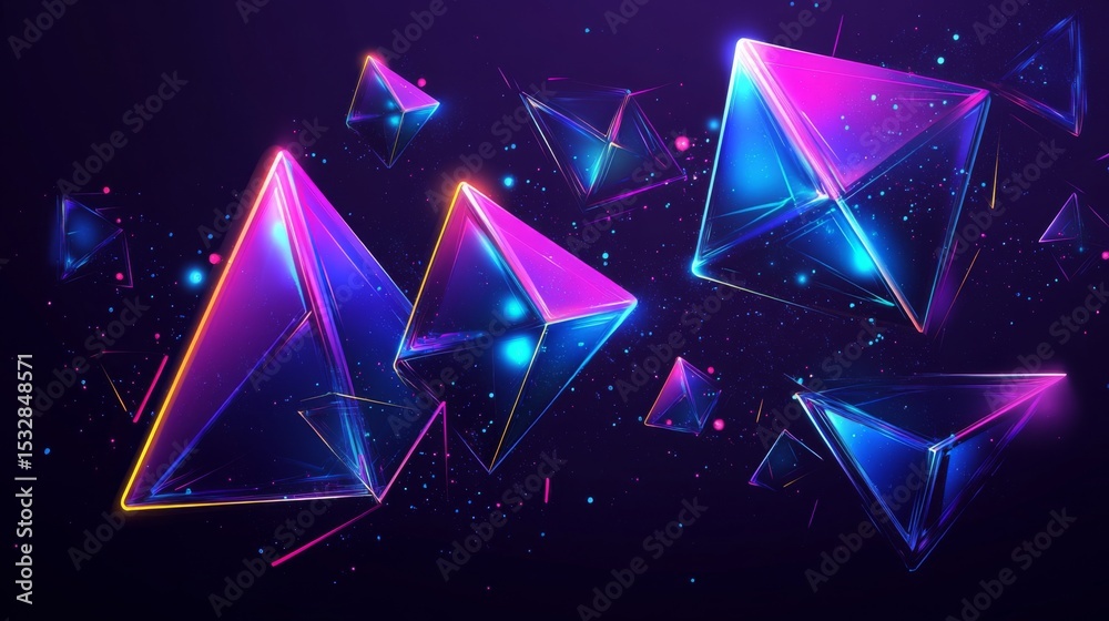 Poster futuristic d geometric shapes in neon colors over a dark gradient background, with reflective surfac