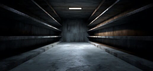 Dark futuristic tunnel with dramatic lighting and symmetrical architecture