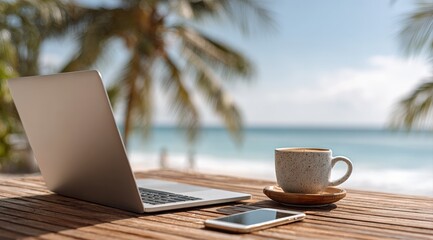 Laptop, coffee cup and smartphone on a wooden table with a tropical beach in the background, representing the work from home concept