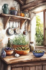 Rustic Mediterranean kitchen scene with bowls of olives, herbs, and pottery captured in soft watercolor style