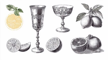 Collection of citrus fruits and vintage glasses in elegant composition with engraving sketch illustration